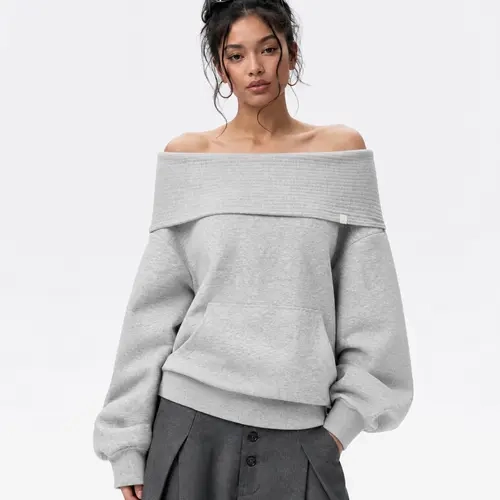 Aelfric Eden Women's Thick Chunky Knit Off-Shoulder Collar Hoodie - Relaxed Boxy Silhouette, Balloon Sleeves, Style Vibe Lazy Casual Sweatshirt,sohochic