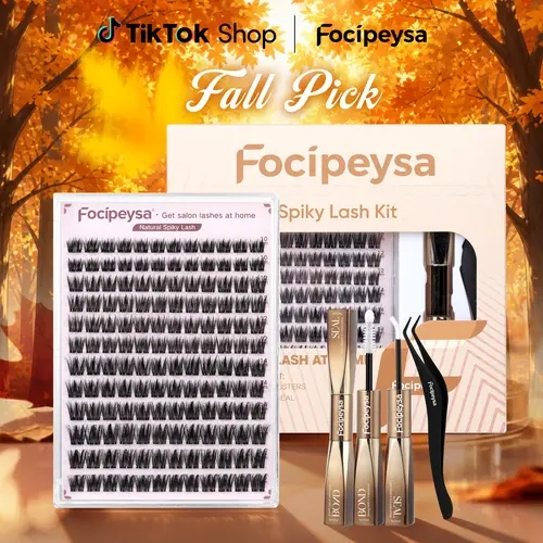 Focipeysa Natural Spiky Lash Clusters Kit - Wispy Fluffy Clusters Lashes, Individual Strips with Bond, Seal, Tweezers, 12-16mm Waterproof Long-Lasting Lightweight Beginner-Friendly for Clean Girl Makeup