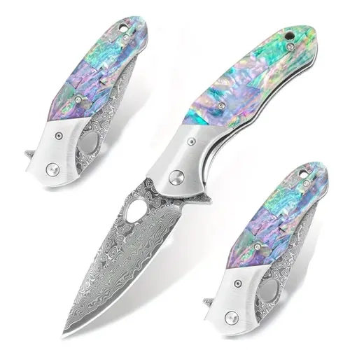 Foldable Damascus Steel Paring Knife with Natural Abalone Shell Handle - Sharp Wave Pattern Compact Small Blade, Portable Peeling Knife for Daily Kitchen Prep, Pocket Kitchen Cutlery, Peeling Knives