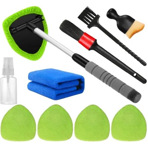 【toolupgrade】10pcs Windshield Cleaner Tool Kit, Car Window Cleaner with Extendable Handle, 4 Reusable Microfiber Pads & Spray Bottle, Interior Auto Glass Wiper for Car Detailing, Car Cleaning Supplies, Auto Detailing Products