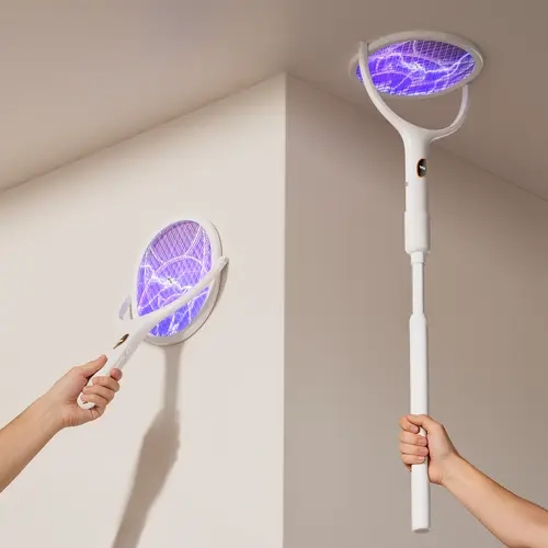 4100V Electric Fly Swatter Racket with Rotating Head, 2600mAh Rechargeable Electric Fly Swatter Bug Zapper, Electronic Mosquito Zapper with  Extension Rod, 2-in-1 Cool Gadgets for Indoor Home, Patio, Backyard, Camping
