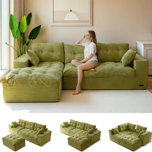 MAXYOYO Boneless Couch, 96-Inch L-Shaped Cloud Couch with Ottoman | Green Layered Cushioning and Flexible Modules Create an Upholstered Sofa in a Box with No Assembly for Spacious Living Rooms, SohoChic