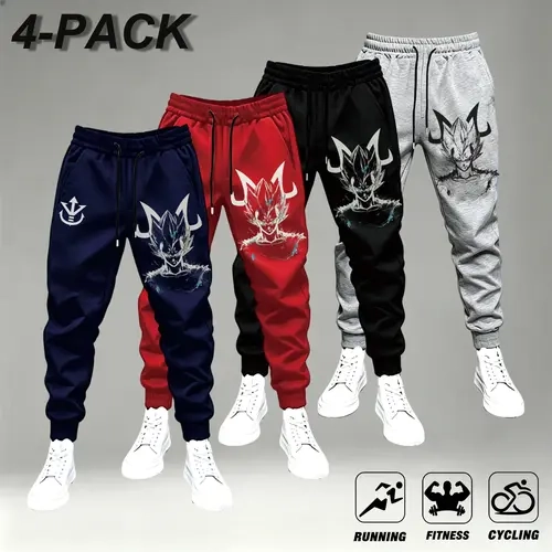 Men's 4-Pack Anime Saiyan Graphic Joggers - Navy, Red, Black, Gray - Casual Comfy Activewear Training Jogger Pants, Matching Athletic Trousers for Running, Fitness - Stylish Streetwear Men's Clothing,sohochic