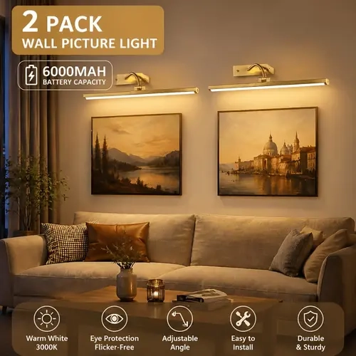Yoomue 2-Pack Contemporary Slim Battery Picture Gallery Wall Lights - Digital Battery Display, Remote + Touch Control, USB Rechargeable, Dimmable 3 Color Temps, Long-Lasting, Auto Timer, for Indoor Art & House Decor,sohochic