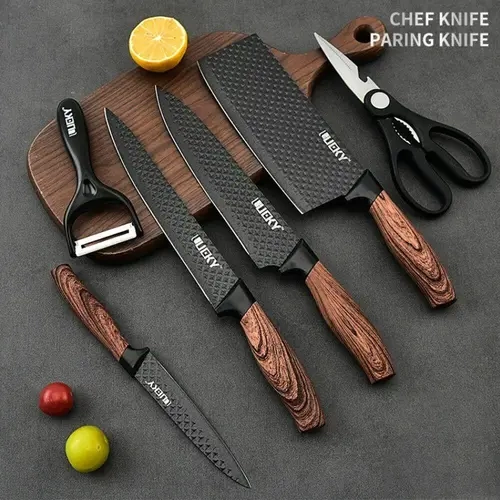 【BackToSchool】6/7-Piece Sturdy Retro Stainless Steel Kitchen Chef Knife Set with Ceramic Blade, Non-Stick Meat Knives, Ergonomic Wood Handle, Multipurpose Kitchenware & Scissors for Daily Prep, Wooden, Cutting,toolupgrade