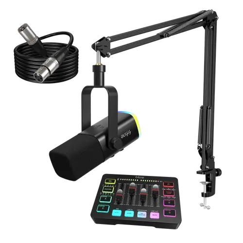 Fifine AM8 Dynamic XLR/USB Gaming Mic Bundle with Desk Mount Boom Arm, SC3 Digital Audio Mixer, Wired Recording Features for Content Creators, Gaming Accessories & Streaming Equipment (PC/Smartphone)
