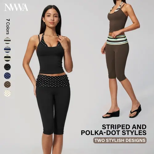NVWA Women's 2-Piece Gym & Workout Set - Camisole Sports Bra, High-Waisted Capri, Polka Dot/Striped Print, Soft Breathable Moisture-Wicking Fabric, Ideal for Yoga & Casual Home Wear (Women's Clothes, 2 Piece Sets), Two Piece Set,sohochic