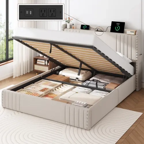 TryLazy Storage Bed Frame Modern Linen Upholstered Headboard Lift Up Storage Platform Bed Frame, Heavy Duty Gas Lift Support, No Box Spring Needed,Wood Slats Support, dorm essentials,home decor