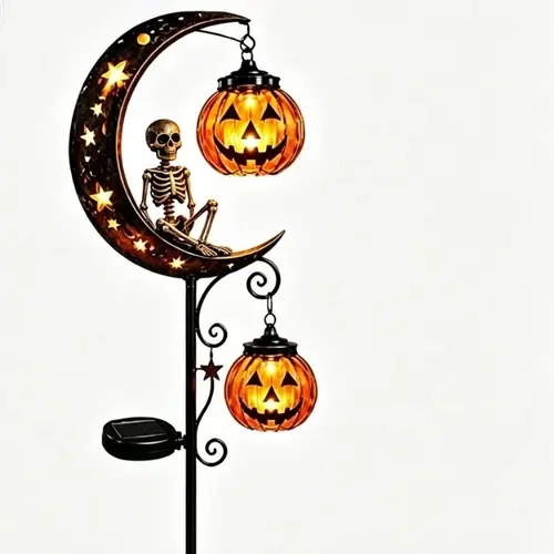 Halloween Theme Solar Outdoor Novelty Decorative Light - Iron Ground Stake Decor with Cartoonish Black Cat & Pumpkin Moon Design for Spooky Night, Festive Home Decorations,sohochic