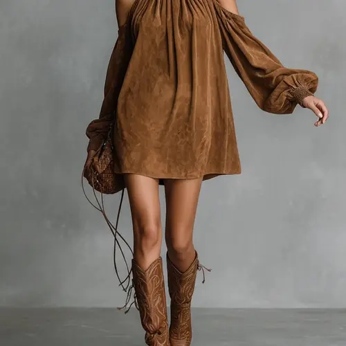 2026 Retro Halter Neck Dress, Western Style Bubble Sleeve, Loose Fit Solid Vintage Pleated High Neck, Spring & Fall Fashion