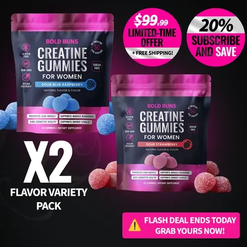 2 Pack (Multi Flavor) - Creatine Monohydrate Gummies for Women Bold Buns – 5g Creatine Per Serving – Sugar Free, Vegan, Non-GMO, Gluten Free – Muscle Support, Workout Recovery & Energy Support