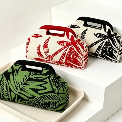 Women's Leaf Pattern Cloud Handbag, Clip Closure Evening Bag, Large Capacity Makeup Bag, Lightweight Foldable for Travel, Shopping, Gifts