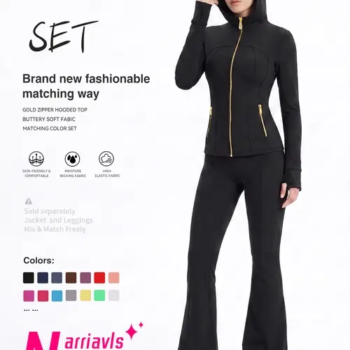 Uncia Active Women's Gold-Color Zipper Hooded 2-Piece Workout Set, Buttery Soft Athletic Jacket & Flare Leggings, High-Stretch Slim-Fit Gym Activewear, Moisture-Wicking Matching Outfits for Jogging, Pilates, 2 Piece Sets,sohochic