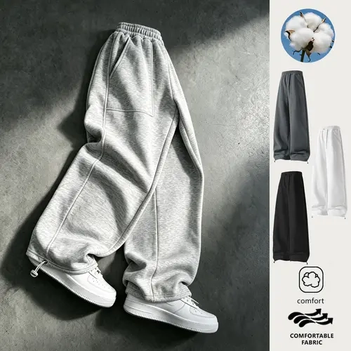 EKF Men’s American Vintage-Style Cotton Wide-Leg Sweatpants - Natural Plain Classic Fabric, Elastic Waistband, Snap-Button Drawstring Cuffs, Dark Gray+Black+Light Gray, for Back-to-School Everyday Casual Spring & Autumn Wear sohochic