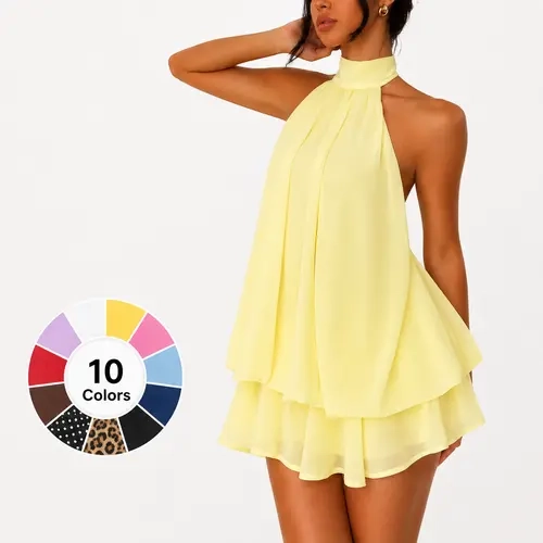 Women's Sexy Halter Neck Chiffon Mini Dress Backless Sleeveless Flowy Ruffle Hem Short Sundress Summer Beach Vacation Resort Wear Boho Party Club Dress Elegant Casual A-Line Tea Dress Holiday Outfit
