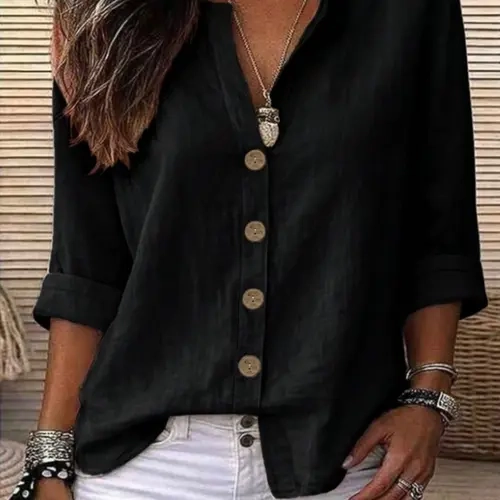 Women's Solid Color 4/3 Sleeve Casual Elegant Simple Button Shirt, Loose-Fitting Oversized All-Seasons Top, Unlined Buttons Design