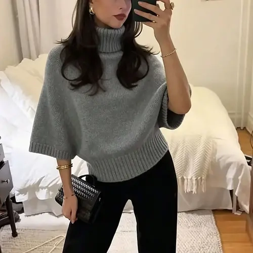 Women's High Neck Plain Batwing Sleeve Knit Sweater, Casual Loose Fitting Fall & Winter Top, Elegant Commute Pullover