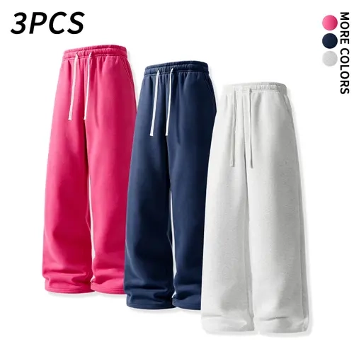 3-pcs men’s basic solid-color sweatpants, breathable knit fabric, loose, drapey wide-leg cut—popular men’s fashion essential, suitable for travel and home leisure, versatile streetwear casual wear