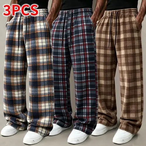3-Pack Men’s Plaid Wide-Leg Pants, Elastic Waist with Drawstring, Soft Loose Trousers for Everyday Streetwear in Fall and Winter