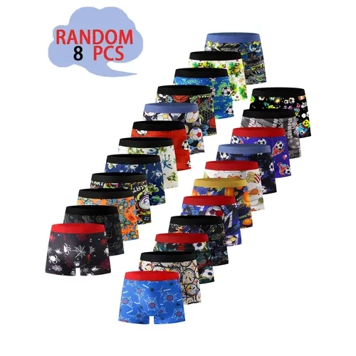 Random 8 Pcs Boys' Underwear, Street Style Graffiti Pattern, Soft Fabric, for Outdoor Sports, Cycling and Swimming, Suitable for Ages 4-12