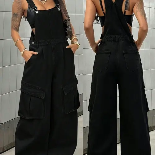 Women's Washed Denim Utility Overalls, High Waist Wide Leg Loose Bodysuit, Street Style Loose Work Pants
