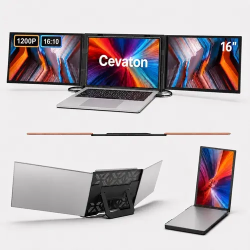 Cevaton S12 Series 16" Dual Laptop Screen Extender, 1920×1200 16:10 IPS Portable Monitor, 350 Nits, Freestanding Triple-Screen Workstation, USB-C/HDMI, Requires 2 Video Outputs, #TikTokBackToSchool, Triple Screens