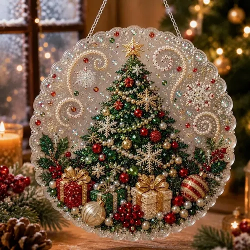 DIY Pearl Diamond Painting Suncatcher Handicraft Kit - 8in Round Lace Edge Acrylic Panel, Pre-Mounted Metal Chain, 3D Mixed Pearls, Christmas Holiday Ornament Gift for Home Window Wall Decoration, DIY Kits, Pre-Mounted Set
