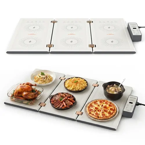 SNOWCLAD Foldable Rectangular Electric Food Warming Tray - 25x15in Large Area, 9-Setting Temp Control (80°F-248°F), Easy-Clean Oil-Resistant Metal Surface, Reusable for Parties and Family Dinner，Fits Glass/Ceramic/Metal Serveware, Reusability