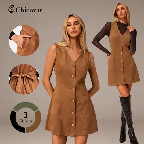 Chicovar Women's Faux Suede Button Down Vest Dress with Pockets & Adjustable Back Tie Sleeveless V-Neck Cute A-Line Mini Pinafore Dresses for Versatile Autumn Layering Outfit Sohochic