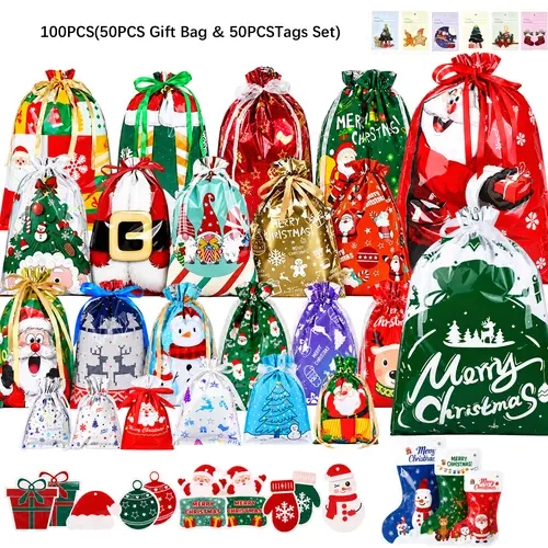 100-Pack Multi-Patterns Plastic Drawstring Gift Bags with Blank Tags, Multi-Purpose Pouches for Holidays Gift Wrapping, Wedding, Parties (Small Presents, Jewelry, Candy) sohochic