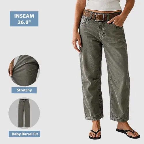 Flamingals Solid Mid Waist Baby Barrel Cropped Pants Without Belt Womenswear Stretchy 26" Inseam