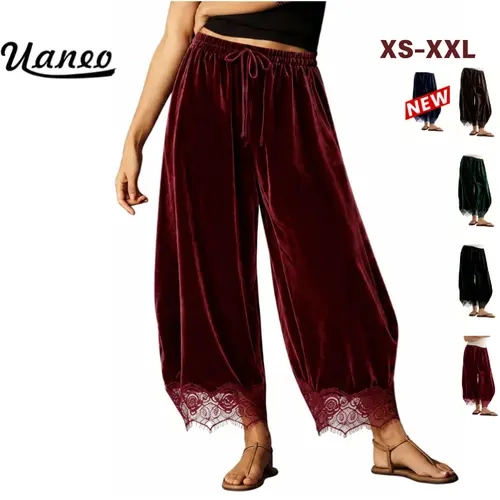 UANEO Women's Velvet Lace Trim Pants, Cropped Wide Leg Trousers with Elastic Drawstring Waist and Pockets, Soft Casual Chic Pants