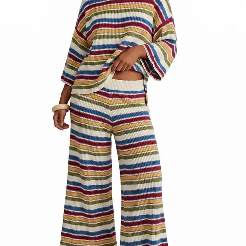Buenoble Women’s Rainbow Striped Knit 2 Piece Set Oversized Sweater Top & High Waist Wide Leg Pants