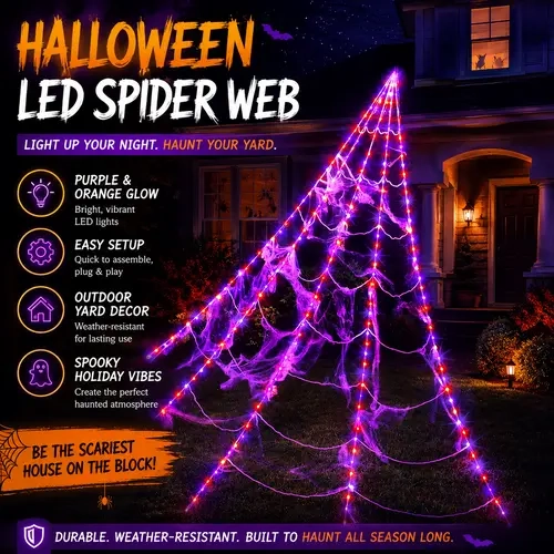 Glowing Spider Web LED Lights - Purple, Orange, Timer Function, Polyester, Halloween Spooky Aesthetic Outdoor Decor for Lawn Porch Garden, Indoor Halloween Decorations,sohochic