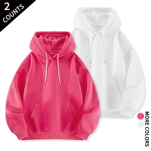 Men's 2-Count Oversize Loose-Fit Long-Sleeve Solid Polyester Hoodie Set - Menswear Basic Hooded Tops for Casual Home Use