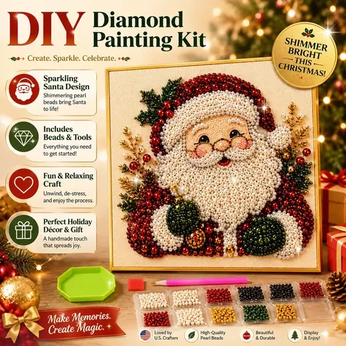 Frameless 3D Beaded Bedazzled Diamond Art Kit, Xmas-Themed Pearl Mosaic Art (Wreath, Stocking Designs), Stress-Relief DIY Indoor Recreation Home Wall Decoration,sohochic