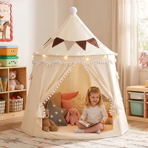 LITTLE DOVE Kids Play Tent Castle, Teepee Tent, Portable Foldable Indoor Playhouse, Toddler Tent for Boys & Girls Ages 3+, Cozy Reading Nook & Pretend Play Space, Optional Padded Mat, Star Lights & Flags, for Playroom, Bedroom & Outdoor Use, #sohochic