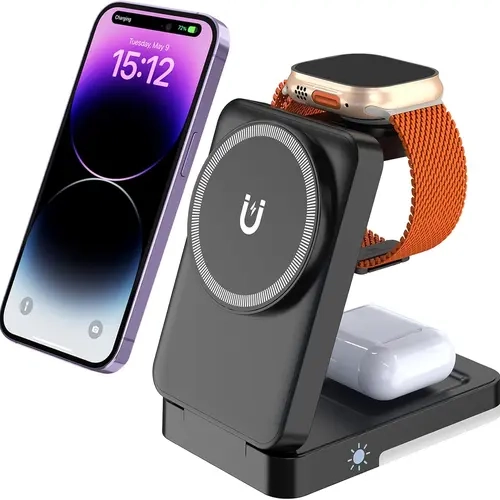 LISM 4-in-1 Travel Magnetic Charging Station for iPhone 17/17 Pro/17 Pro Max/Air/16 15 14 13 12 Pro Max Plus mini/Apple Watch/Airpods, Foldable Portable Wireless Charger Stand with Night Light-White