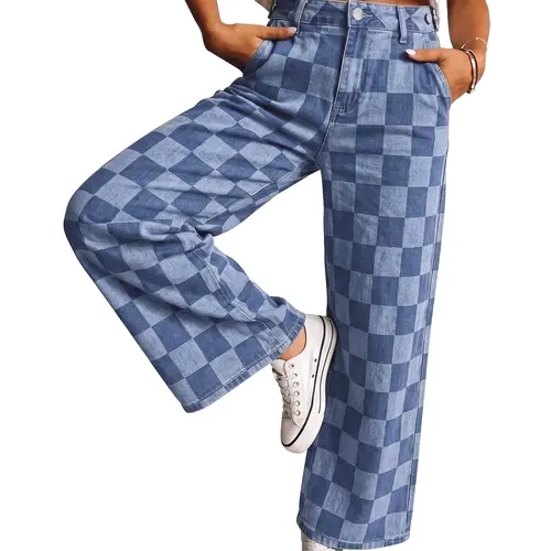 luvamia Women's High-Rise Cinch-Waist Stretchy Checkered Wide-Leg Jeans - Adjustable Waist, Streetwear Bottoms with Comfortable Fit, Y2K Style, Checkerboard Print Alternative Pants