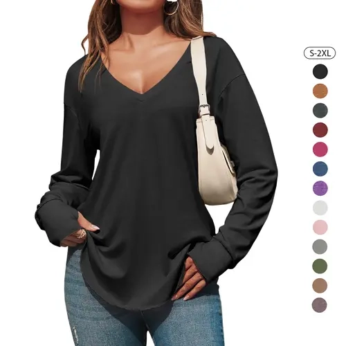 Tankaneo Womens Deep V Neck Long Sleeve Shirts Tunic Tops Oversized Tshirts | Casual Loose Fit Curved Hem T Shirts,Thumb Holes Tunic Tops to Wear with Leggings,Soft