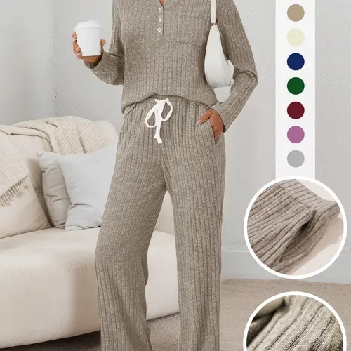 Women's Two-Piece Casual Set, Fall/Winter, Henley Neck Knit Top, Comfortable Loungewear with Pocket Design