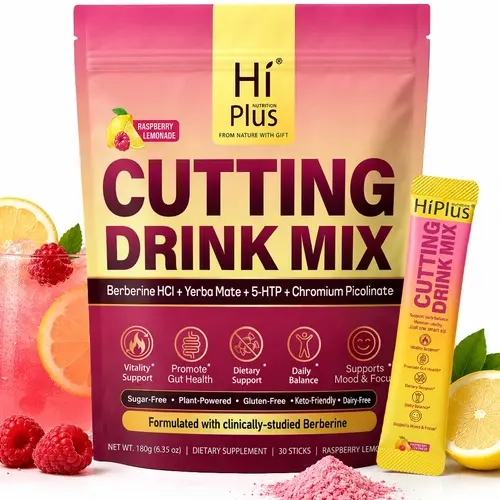 HiPlus Cutting Drink Mix - Sugar-Free, Vegan, Non-GMO, Gluten-Free Raspberry Lemonade, with Magnesium, Berberine, Chromium, Vitamin D3, 5-HTP, FOS - 30 Servings