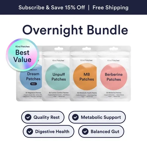 Kind Patches Overnight Bundle: Berberine Patches + Unpuff Patches + MB Patches + Dream Magnesium Patches, Metabolic Support, Digestive Comfort, Fluid Balance, Daily Energy Support, Quality Rest, Natural Ingredients