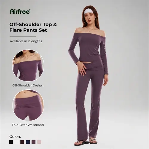 Women's Airfree Off-Shoulder 2-Piece Casual Set - Soft Stretch Longsleeves/Shortsleeves Top, Fold-Over Waist Flare Pants, Sets for Women 2 Piece , Back to School, Weekend Vibes   loungewear,sohochic