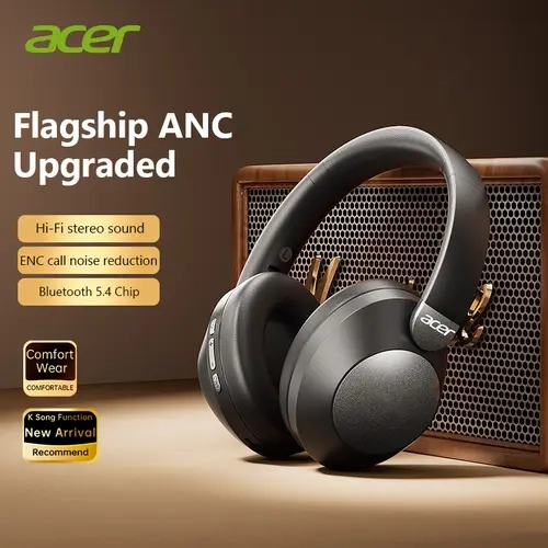 Acer OHR667 Over-Ear Wireless Headphones - Hybrid ANC Headphone with Basic Noise Cancelling, 48-Hour Playtime, Hi-Fi Sound, Foldable Design, Soft Ear Cushions, Built-In Mic, iOS & Android Compatibility