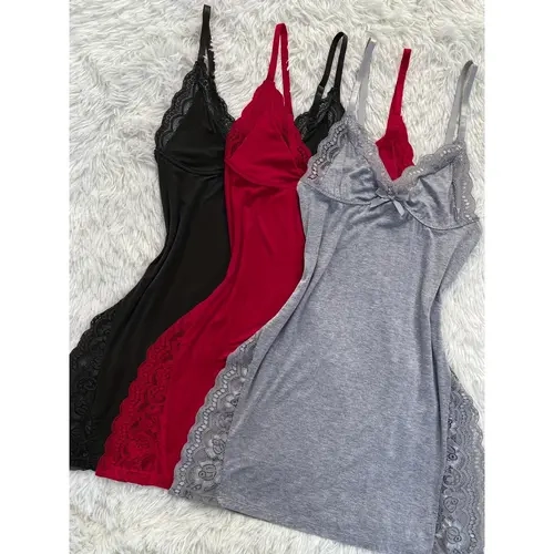 Women's Solid Color Lace Trimmed Nightwear - Sleeveless Spaghetti Straps, Side Slit Cut, Contrasting Color Ruffled Hem Summer Sports Dress Loungewear