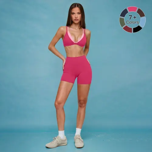 MFVIM Women's 2-Piece Fitted Polyamide Workout Set - 2-Layer Color-Block V-Neck with Thin Spaghetti Straps, High-Waisted Butt-Lifting Shorts for Fitness, Yoga,sohochic