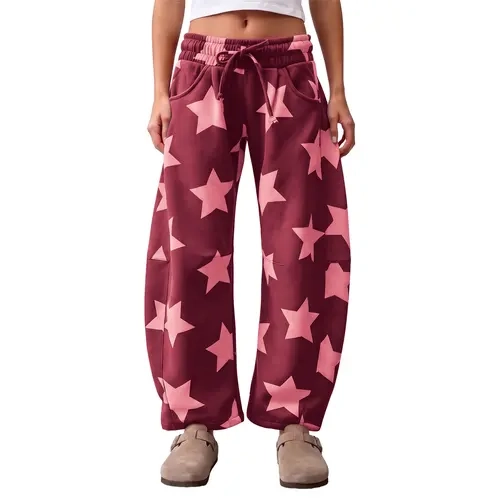 Aoysky Women Star Print Sweatpants, Elastic High Waist Drawstring Baggy Streetwear Pants, Casual Side Pockets Loose Fit Ankle Cuff Lounge Trousers,clothes for back to school,first day of school outfits,sohochic