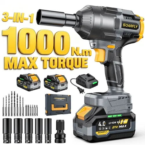 【Clearance Sale】SOARFLY 1000NM-750FT-LBS Impact Wrench, 6 Screwdriver Bit, 8 Drill Bit, 6 Sockets, 2x 4.0Ah Batteries, Fast Charger, For Car, Trucks