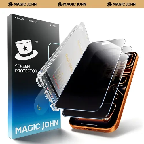 MAGIC JOHN MagicView Tempered Glass Screen Protector for iPhone 17/16/15 Series Smartphone, 2-Pack Handheld Devices Accessories, 0.33mm No Black Border, Auto Dust Removal Easy Installation, HD Transparent or 28° Privacy, Case-Friendly Protection